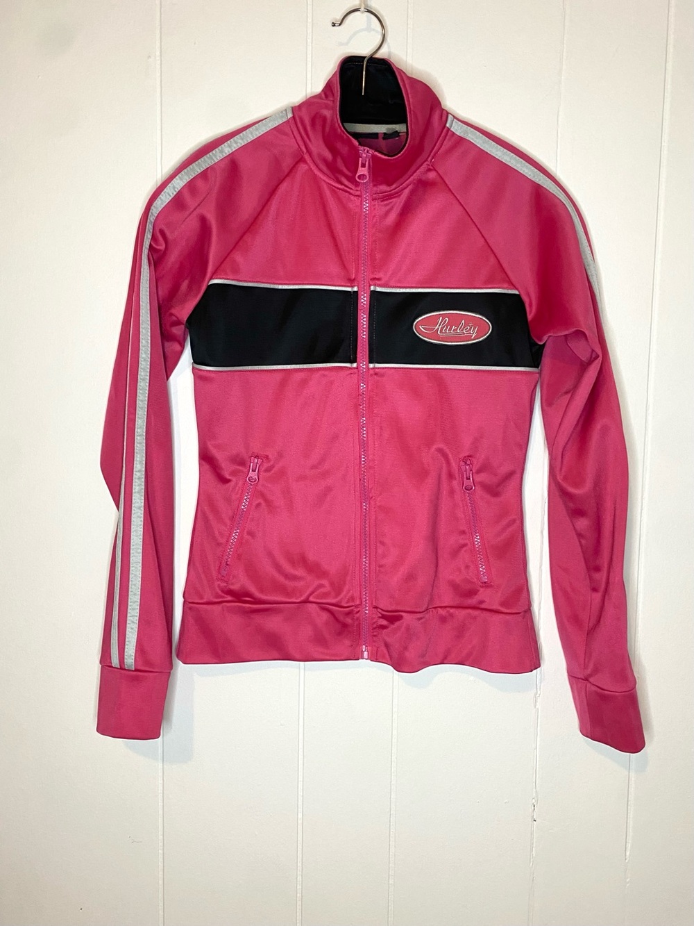 Hurley Pink and Black Women's Track Jacket with Silver Stripes
